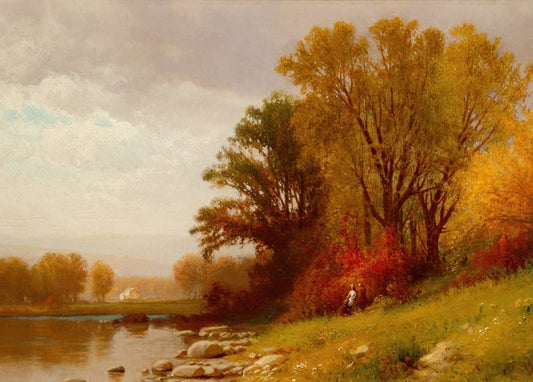 Painting of a calm river with golden autumn trees and a lone figure walking along the rocky bank