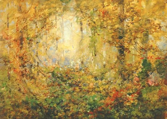 Golden autumn forest with glowing light through the trees, watercolor by William Henry Holmes