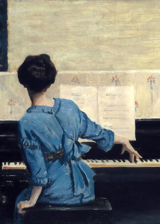 A woman in blue, seen from behind, plays piano from sheet music — Chase's The Keynote.