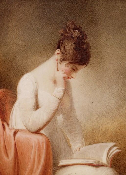 Miniature portrait of a young woman reading a book, painting by William Wood