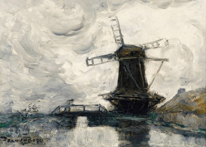 Gemälde: dunkle Windmühle an einem Kanal unter stürmischem grauem Himmel, mit Steg und Spiegelung im Wasser.