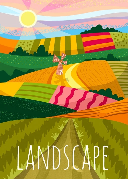 Flat-style illustration of a windmill among striped gold, green and pink harvest fields under a rising sun