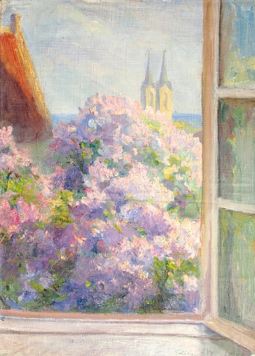Open window with blooming lilac and the twin towers of Karli Church, painting by Lilly Walther