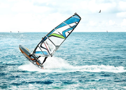 Windsurfer mit blau-grünem Segel springt über eine Welle, im Hintergrund ein Vogel