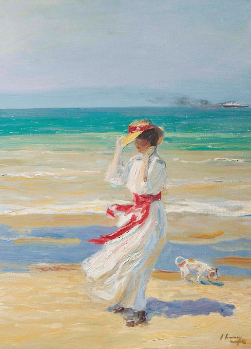 Sir John Lavery's A Windy Day: woman in white dress with red sash and small dog on a beach