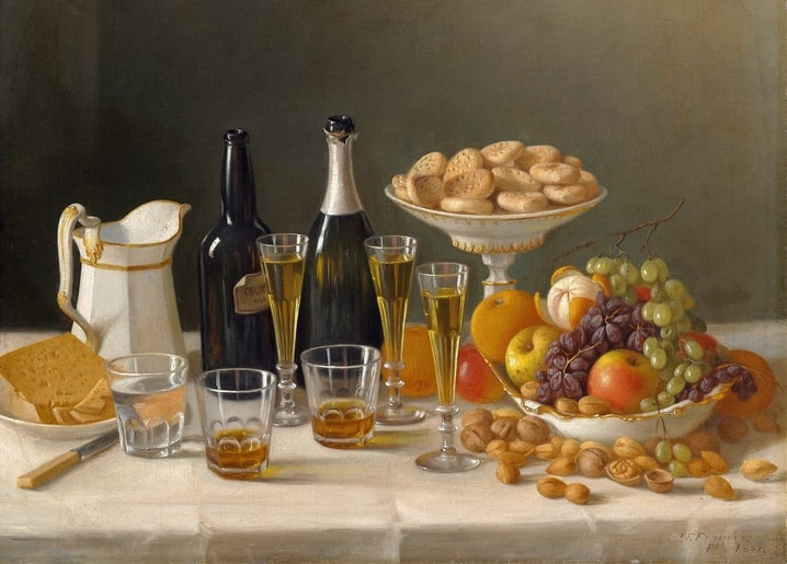 Still life painting of wine glasses, cheese, grapes, and walnuts, by John F. Francis