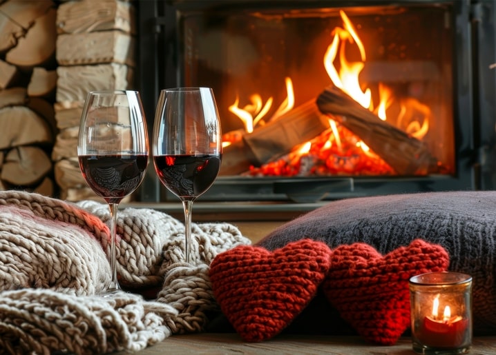 Two wine glasses and knitted red hearts by a crackling fireplace