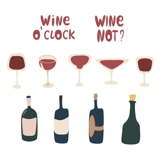 Illustrated wine glasses and bottles with the captions 'wine o'clock' and 'wine not?'