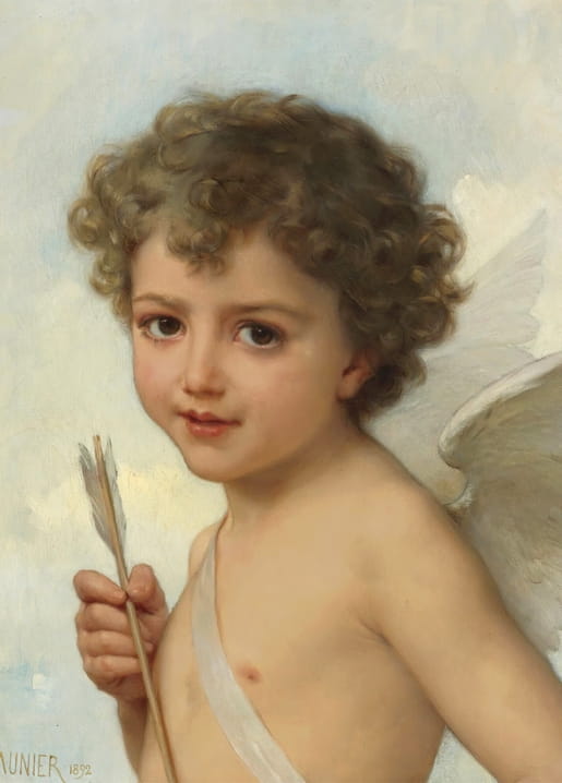Painting of a curly-haired winged cherub holding a feathered arrow against a pale sky, signed Munier 1892.