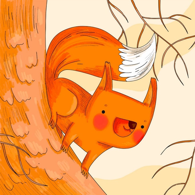 Illustrated orange squirrel with a white wing perched on a tree trunk