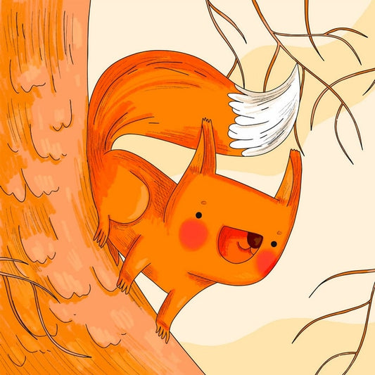 Illustrated orange squirrel with a white wing perched on a tree trunk