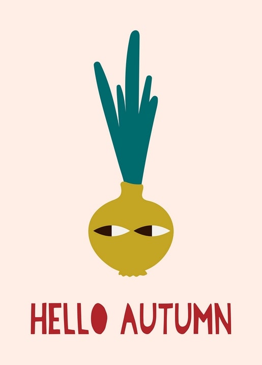 Illustrated winking onion with teal greens and a Hello Autumn caption on peach background