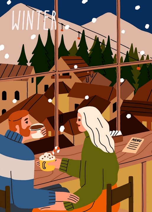 Illustration eines Paares mit Kaffee und Kakao am Café-Fenster mit Blick auf ein verschneites Dorf