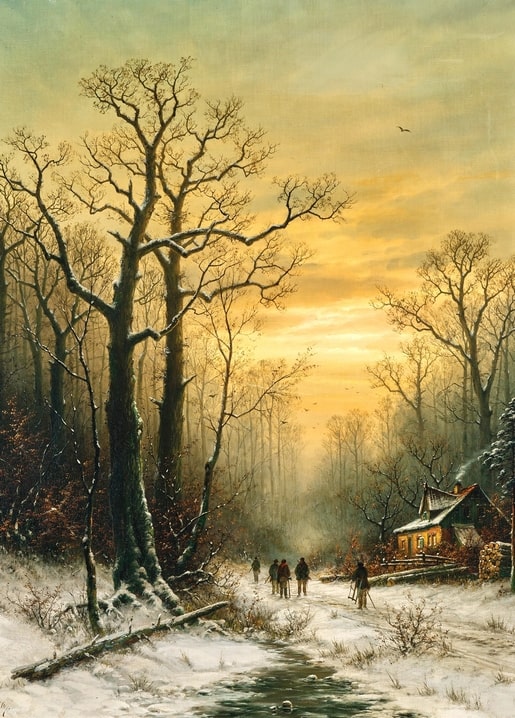 Travelers on a snowy forest path at dusk with a lit cottage ahead, winter landscape by Georg Schmitz