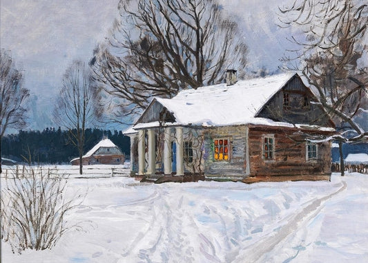 Schneebedecktes Holzhaus mit erleuchtetem Fenster in der Dämmerung, Gemälde von Zhukovsky