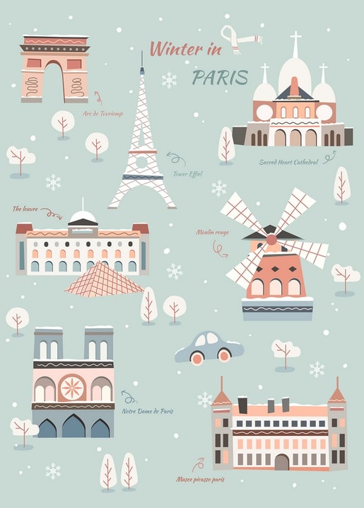 Illustrierter Stadtplan von Paris im Winter mit Eiffelturm, Louvre und Notre-Dame