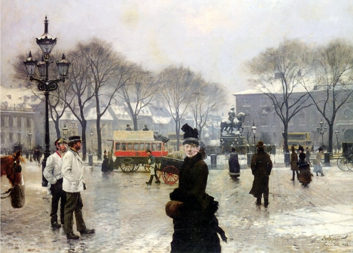 Verschneiter Kongens Nytorv in Kopenhagen mit Pferdebahn, Gemälde von Paul Gustave Fischer