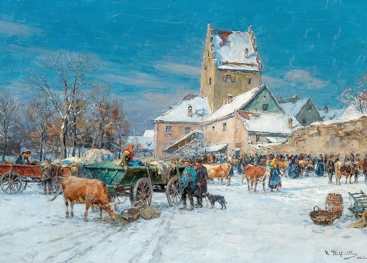 Засніжена ринкова площа з коровами, возами й натовпом біля кам'яної вежі, картина Карла Штульмюллера