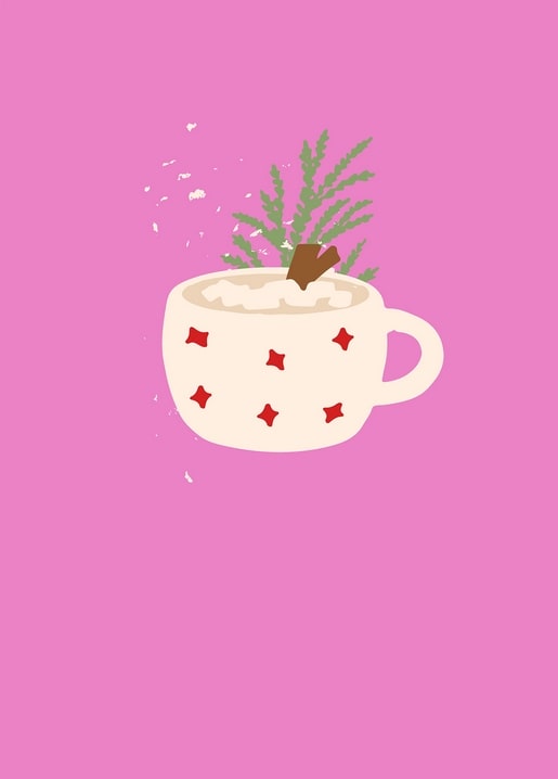 Pink mug with red stars, cinnamon stick and pine sprig in falling snow