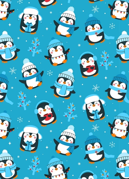 Muster aus Cartoon-Pinguinen mit Schals und Mützen, die Geschenke halten, auf blauem Hintergrund