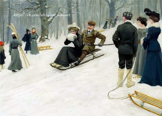 Paar auf einem Schlitten, Kinder laufen Ski und werfen Schneebälle im Winterwald, Paul Gustave Fischer