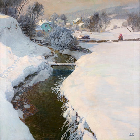 Halbgefrorener Bach durch ein verschneites Dorf mit pastellfarbenen Häusern, Gemälde 'Winter' von Gustav Jahn