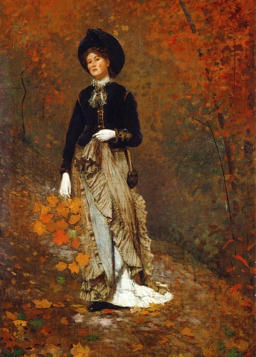Oil painting of a woman in a black jacket and hat walking through an autumn forest path, by Winslow Homer