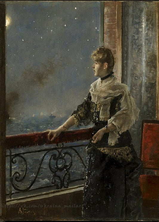 Woman in dark evening dress on an iron balcony at night, moonlit harbour and starry sky, Alfred Stevens