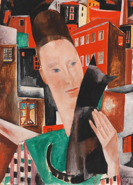Cubist-style portrait of a woman holding a black cat against a night city skyline