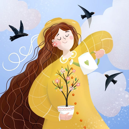 Illustration of a woman in yellow holding a blossoming potted tree with swallows flying around her