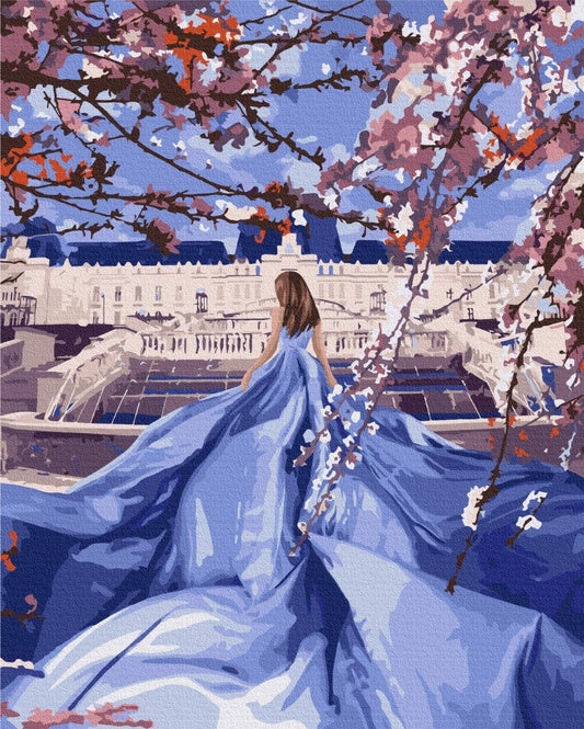 Illustrierte Frau im blauen Kleid unter Kirschblütenzweigen, Design zum Malen nach Zahlen