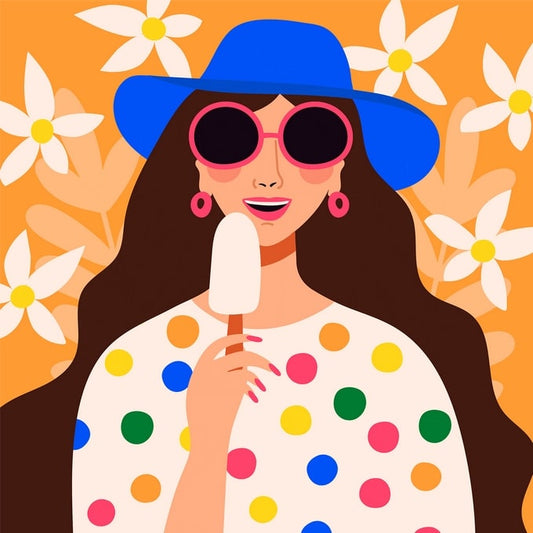 Illustrated woman in a blue sunhat and pink sunglasses eating a popsicle
