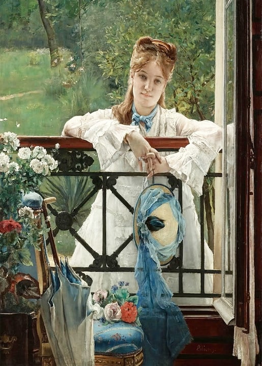 Alfred Stevens painting of a woman in white holding a blue mask on a garden veranda