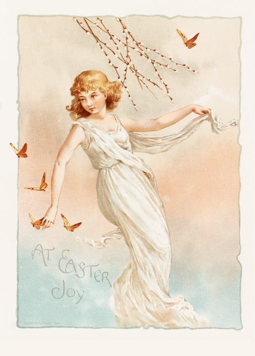 Vintage-Jugendstil-Illustration einer Frau im fließenden Kleid mit orangefarbenen Schmetterlingen