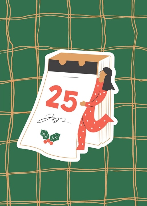 Woman in pajamas climbing over a giant tear-off calendar showing December 25