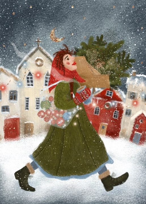 Woman in a red headscarf carrying a Christmas tree through a snowy village at night