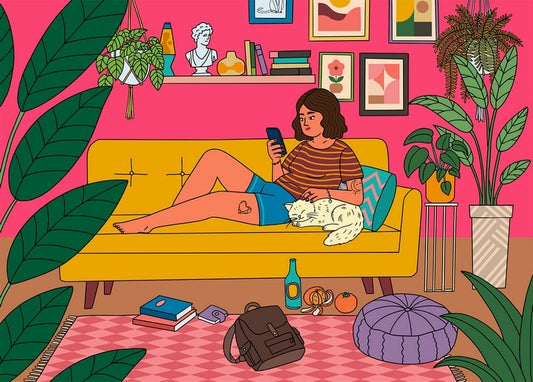 Illustration of a woman scrolling her phone on a yellow couch with a sleeping white cat