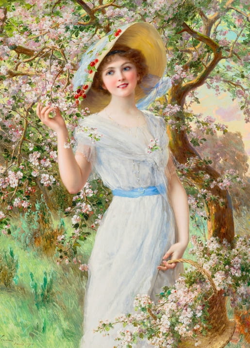 Painting of a young woman in a flowered bonnet gathering cherry blossoms, by Émile Vernon