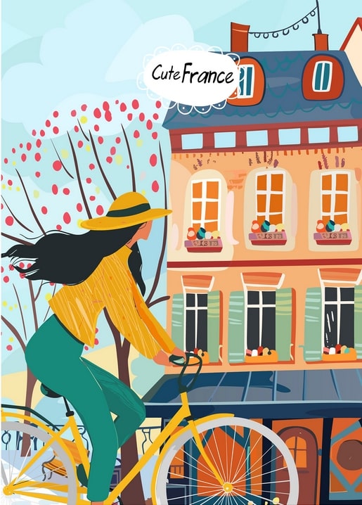 Illustration of a woman cycling past a colorful French building with blooming trees