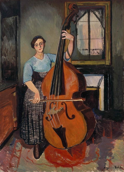 Oil painting of a woman in a checkered skirt playing a double bass beside a window