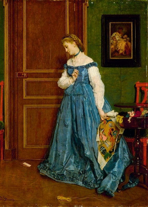 Gemälde von Alfred Stevens: Frau im blauen Seidenkleid hält vor einer Tür inne, Stickerei in der Hand