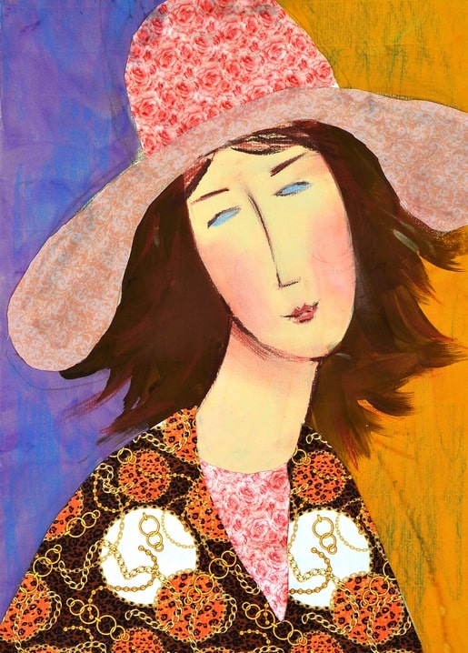 Mixed-media portrait postcard of a woman in a wide floral-print hat against purple and amber background