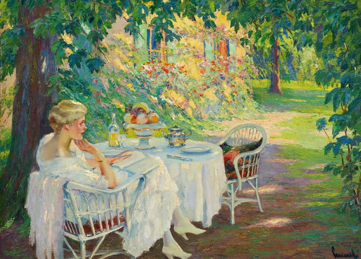 Painting of a young woman in white at a garden table with fruit, shaded by trees