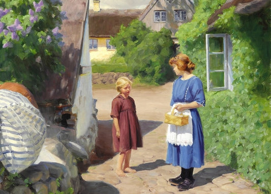 Woman in blue with a basket talking to a barefoot girl in a lilac courtyard, painting by Brendekilde