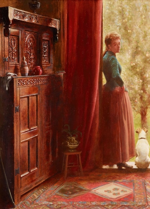 Painting of a woman glancing back at a terrier beside a red curtain indoors