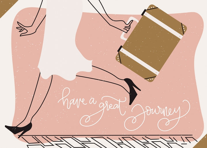 Modeillustration einer Frau mit goldenem Koffer und Schriftzug