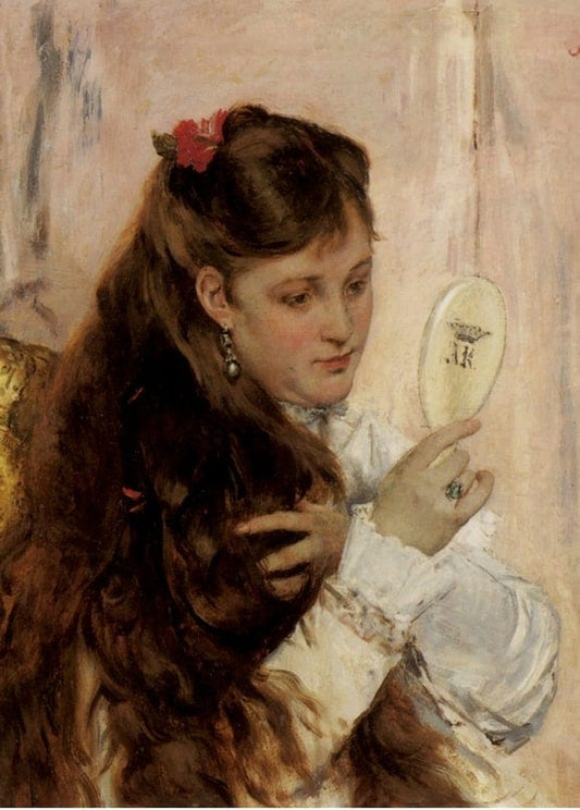 Woman with a red flower in her hair studying her reflection in a monogrammed hand mirror, by Alfred Stevens