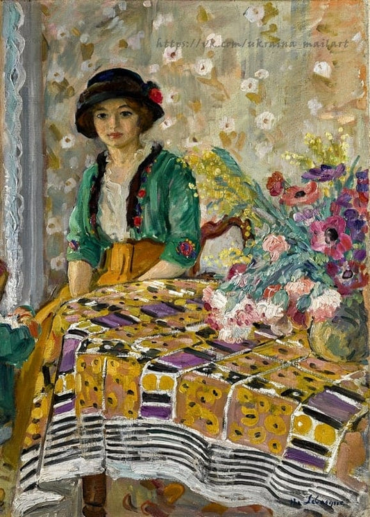 Henri Lebasque painting of a woman in a dark hat beside a bouquet of anemones, roses and mimosa