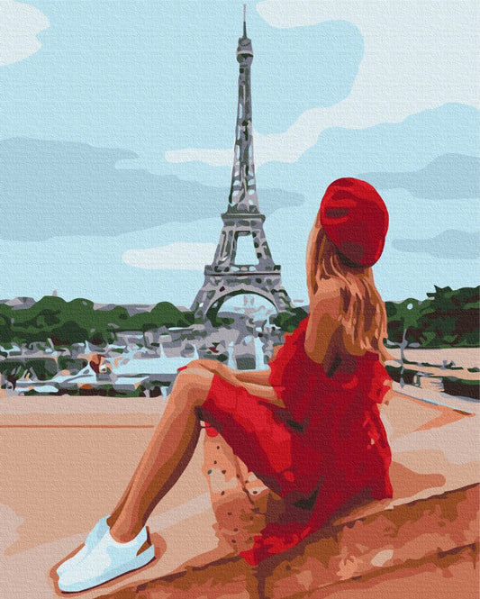 Illustrierte Frau in rotem Kleid und Barett vor dem Eiffelturm, Design zum Malen nach Zahlen