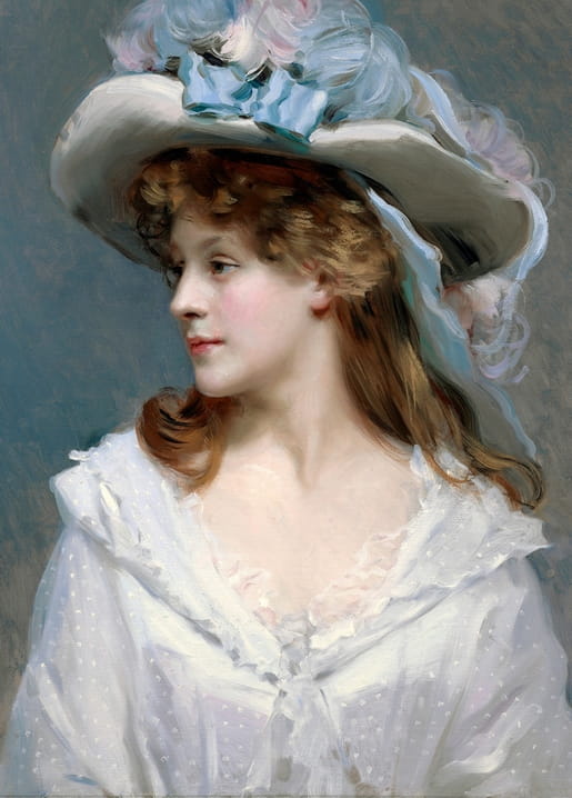 Woman in profile wearing a flowered hat and sheer white blouse, oil painting portrait reproduction.
